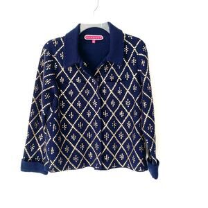Manoush French Designer Navy Blue Gold Sequin Knit Sweater Jacket Blazer large